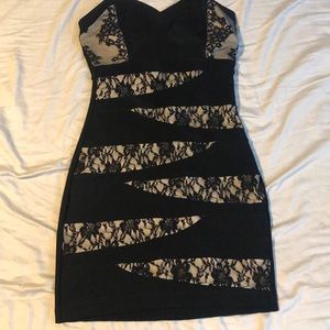 Black, tan and lace strapless dress